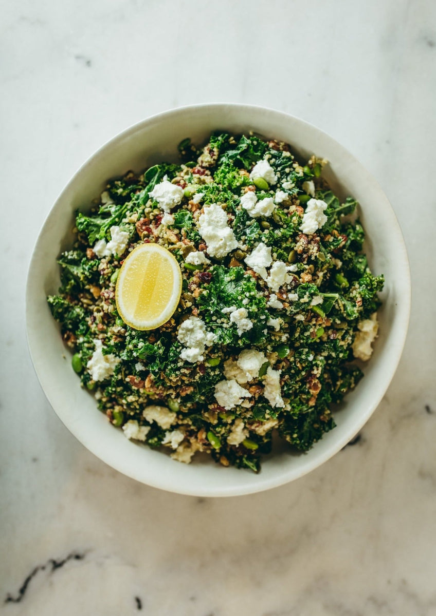 Green salad, kale, edamame, quinoa, cranberries, almonds, goat's feta