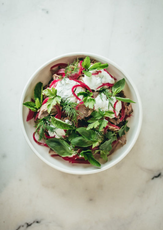 6 x Serves Slow cooked lamb cranberry, onion & thyme w. pickled onion, herb salad 150g