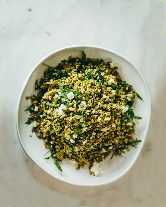 Roasted zucchini, red wine vinegar, farro, green herb paste, pistachios, rocket, feta, basil, parsley