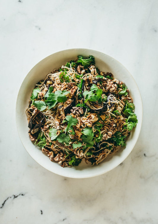 Roasted eggplant, soba noodles, edamame, kale, crispy shallots, walnuts, miso dressing
