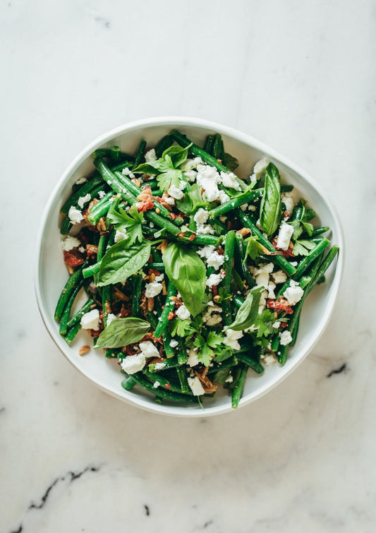 Green beans, roasted peppers, almonds, fried onions, feta, dijon vinaigrette