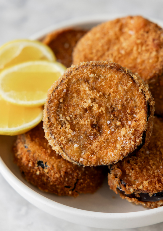 Eggplant schnitzel, aioli, lemon x 6