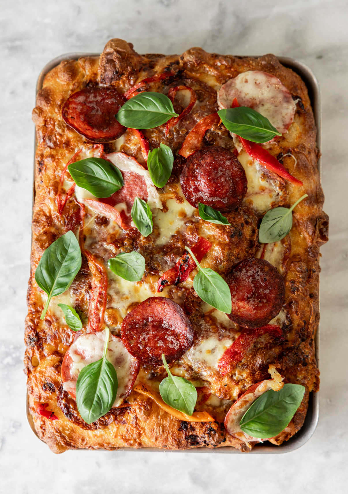 Focaccia - Harissa, salami, roast peppers, mozzarella