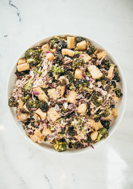 Roasted broccoli, crispy bacon, sourdough croutons, feta, almonds, lemon