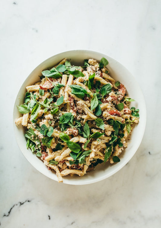 Slow roasted tomatoes, spelt pasta, caramelised onion, ricotta, basil, parsley, balsamic vinaigrette